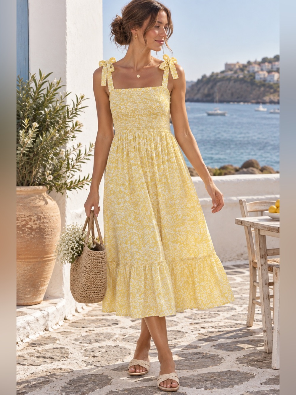 Japna Yellow Floral Smocked Midi Dress Size S Adjustable Shoulder Cottagecore